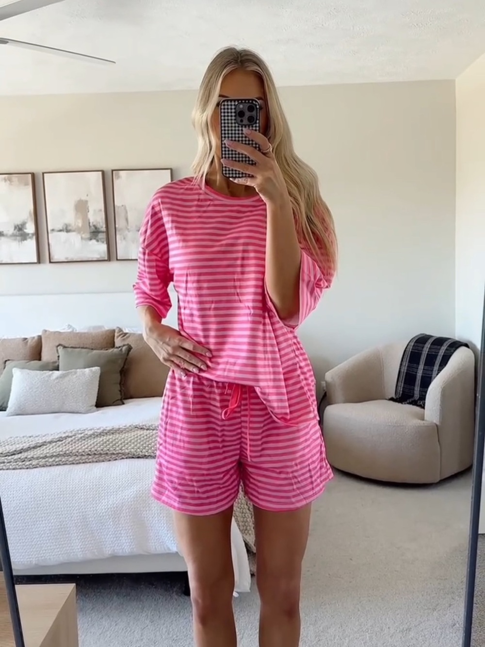 Pink Striped Short Sleeve Set with Drawstring Shorts